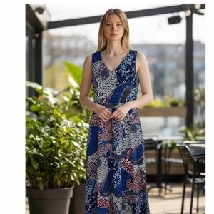 Talbots Petite Blue Pink Pailsley Fit & Flare Stretch Sleeveless Maxi Dress